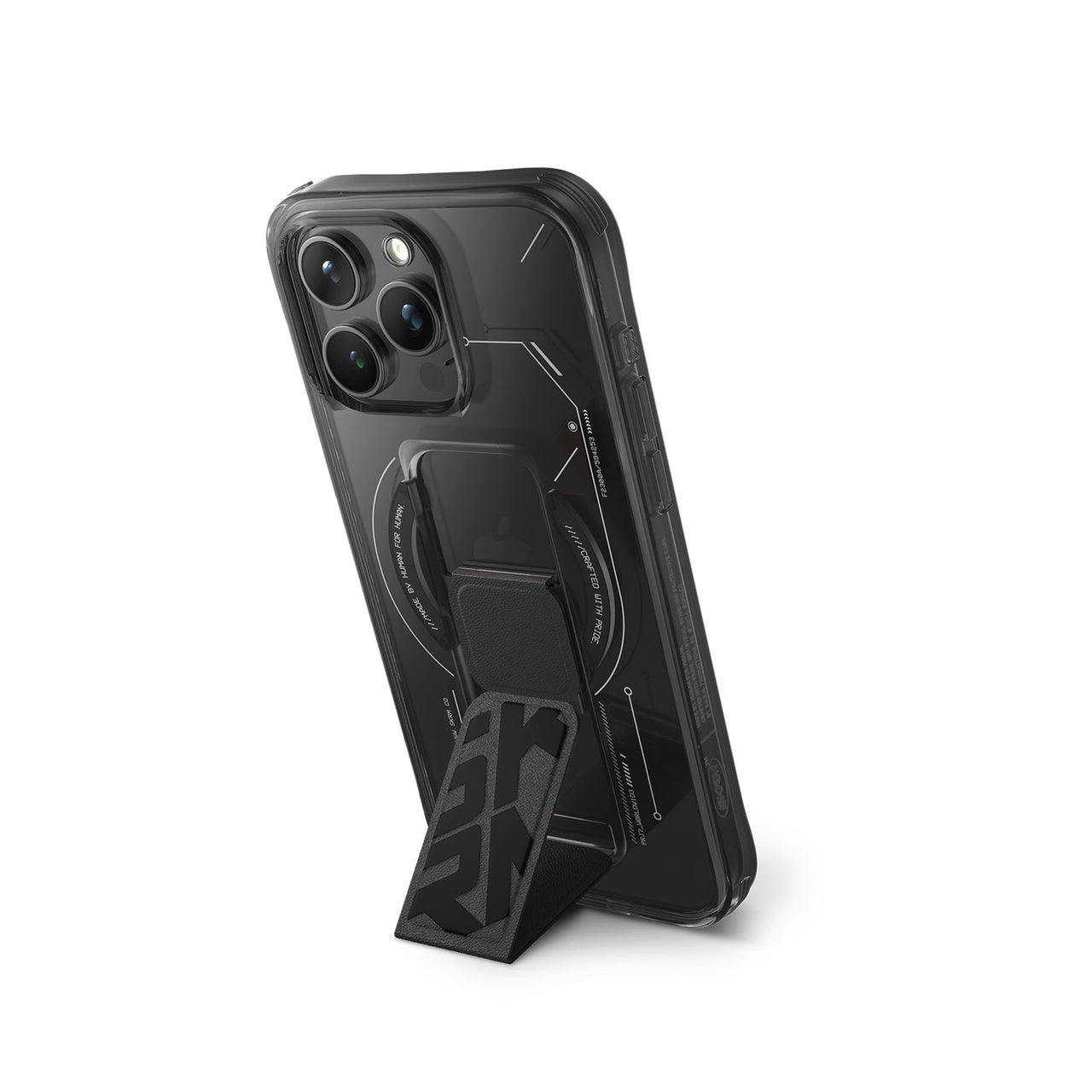 SKINARMA iPhone 15 Pro Magsafe Şarj Özellikli Teknoloji Desenli Standlı Helio Siyah Kılıf