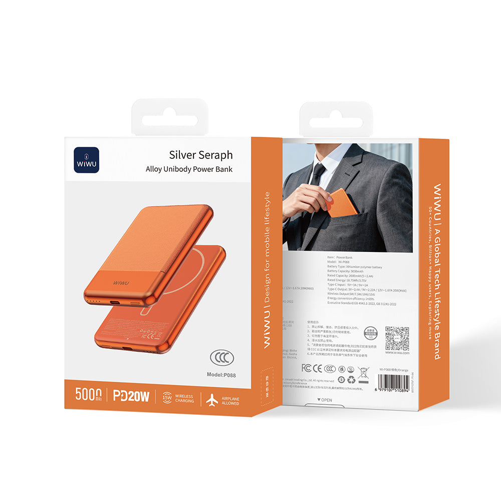 Wiwu Wi-P088 LED Işık Göstergeli PD 20W Kablosuz Powerbank 5000mAh 15W Turuncu