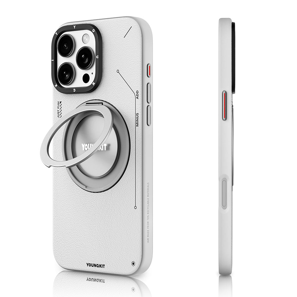 YOUNGKİT iPhone 16 Pro Magsafe Uyumlu 360° Standlı Tech Leather Gri Kılıf