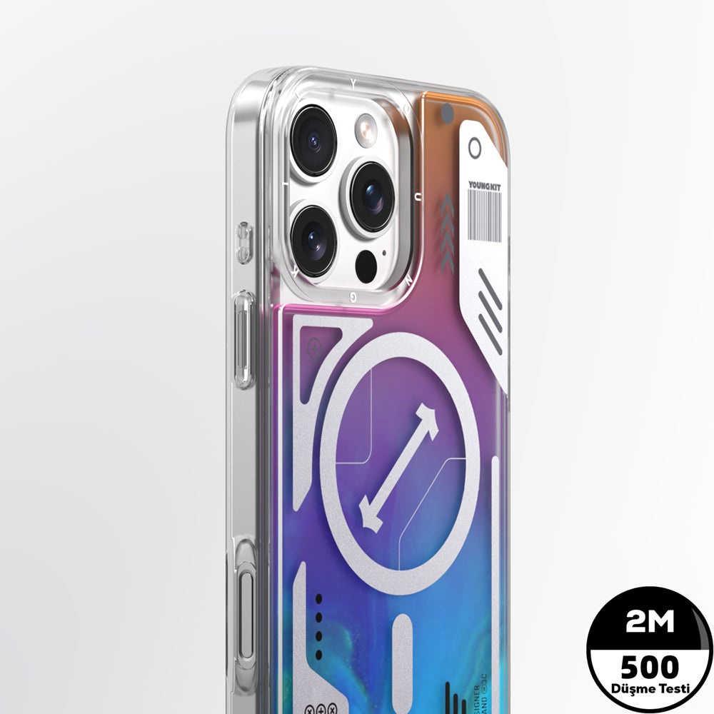 YOUNGKİT iPhone 16 Pro Max Magsafe Şarj Özellikli Parlak Kumlu Sıvılı Tasarımlı Galaxy Fantasy Serisi Mavi Kılıf