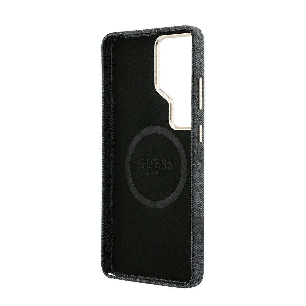 Galaxy S26 Ultra Kılıf Guess Orjinal Lisanslı M-safe Şarj Özellikli Gold Metal Kamera Çerçeveli Taşlı Üçgen Logo 4G Desenli Kapak Siyah