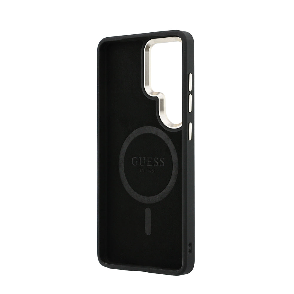 Galaxy S26 Ultra Kılıf Guess Orjinal Lisanslı M-safe Şarj Özellikli Metal Kamera Çerçeveli PU Deri 4G Desenli Yazı Logolu Kapak Mavi