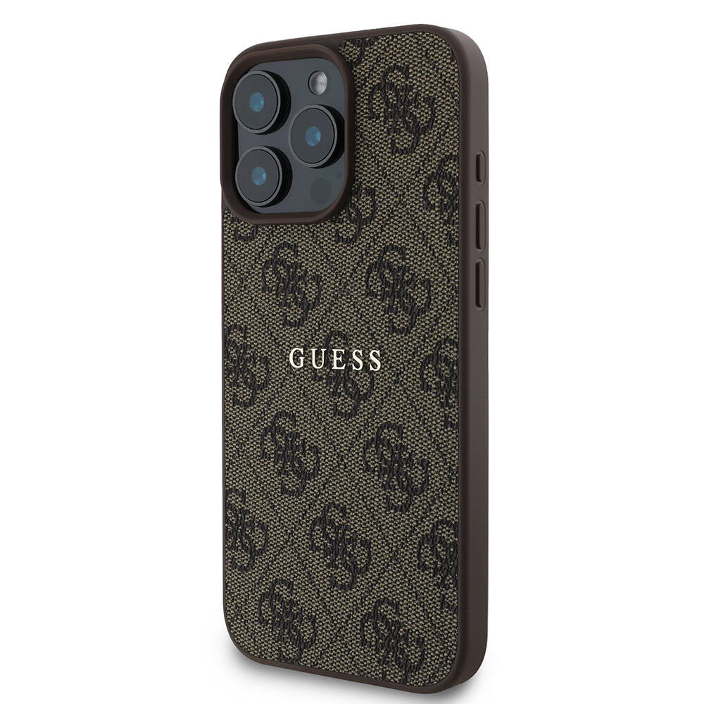 GUESS iPhone 16 Pro Orjinal Lisanslı Magsafe Şarj Özellikli 4G Desenli Yazı Logolu Kahverengi Kılıf