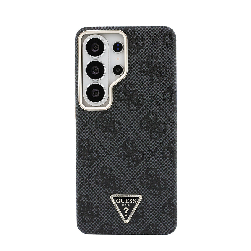 Galaxy S26 Ultra Kılıf Guess Orjinal Lisanslı M-safe Şarj Özellikli Gold Metal Kamera Çerçeveli Taşlı Üçgen Logo 4G Desenli Kapak Siyah