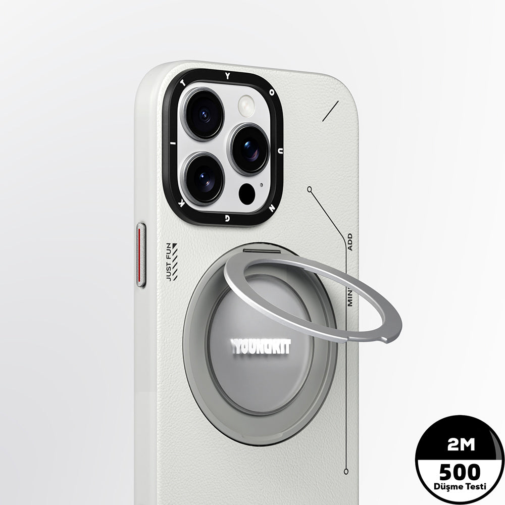 YOUNGKİT iPhone 15 Pro Magsafe Uyumlu 360° Standlı Tech Leather Gri Kılıf