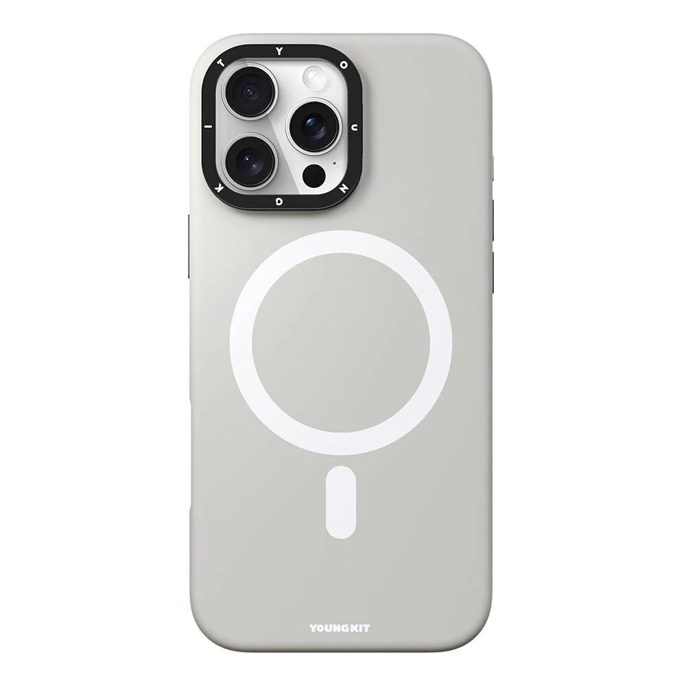 YOUNGKIT iPhone 15 Pro Max Magsafe Şarj Özellikli Kamera Standlı Silikon Bitty Cream Gri Kılıf