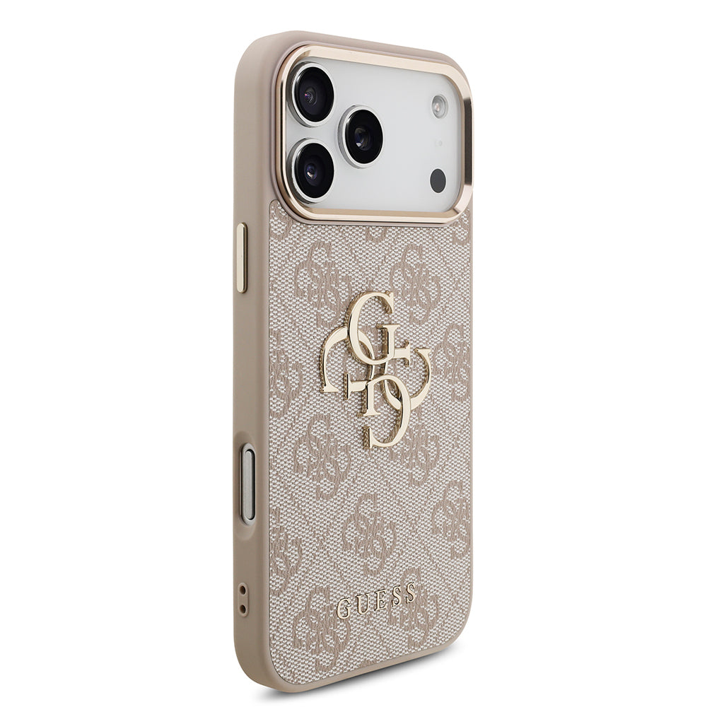 Apple iPhone 17 Pro Max Kılıf Guess Orjinal Lisanslı Gold Metal Kamera Çerçeveli 4G Desenli Metal Büyük 4G ve Yazı Logolu Kapak Pembe