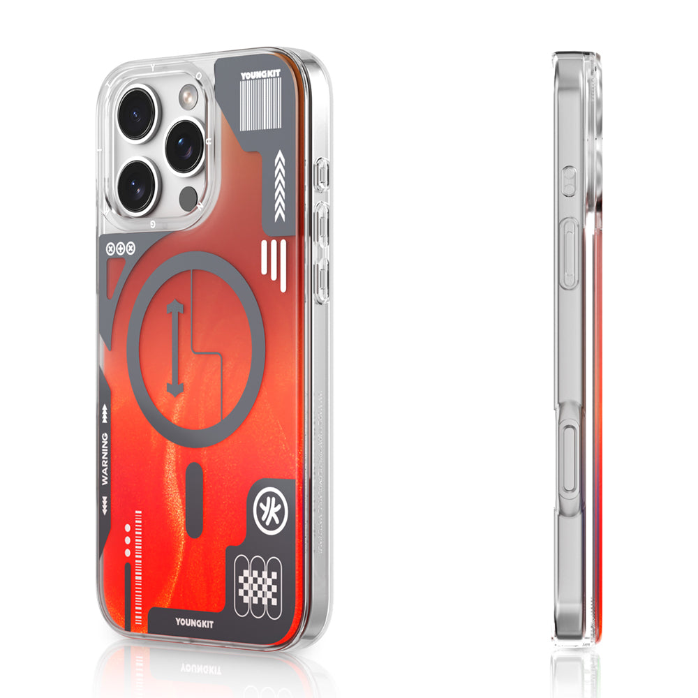 YOUNGKİT iPhone 16 Pro Max Magsafe Şarj Özellikli Parlak Kumlu Sıvılı Tasarımlı Galaxy Fantasy Serisi Turuncu Kılıf