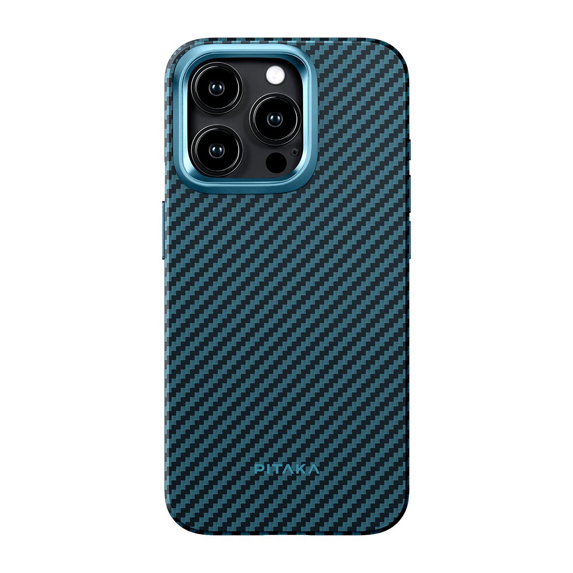 PİTAKA Magsafe Şarj Özellikli İPhone 15 Pro Max 1500D Aramid Fiber Military-Grade Classic Serisi Black-Grey Twill Mavi Kılıf
