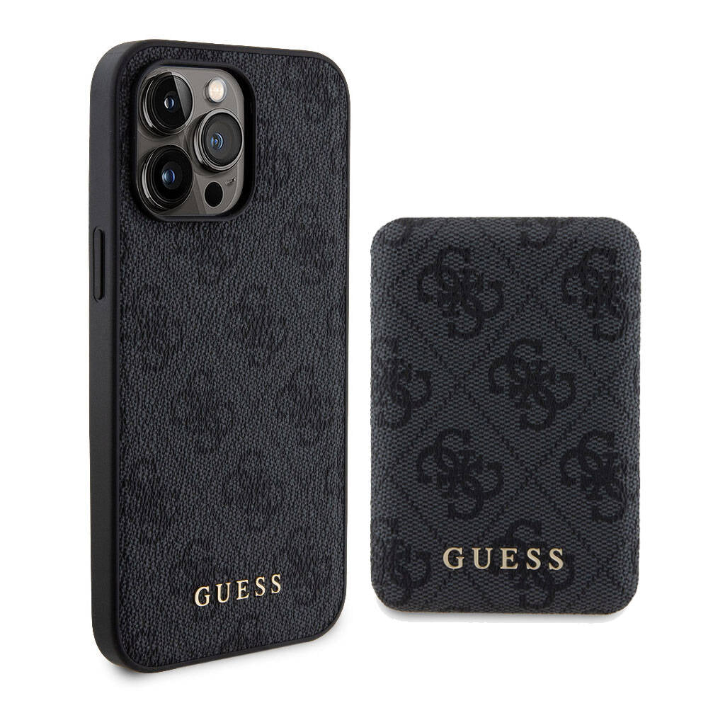 Guess Orjinal Lisanslı Magsafe Şarj Özellikli Yazı Logolu 4G Desenli Siyah Kapak +  Siyah Powerbank 5000mAh 2in1 Set - enzaksesuar