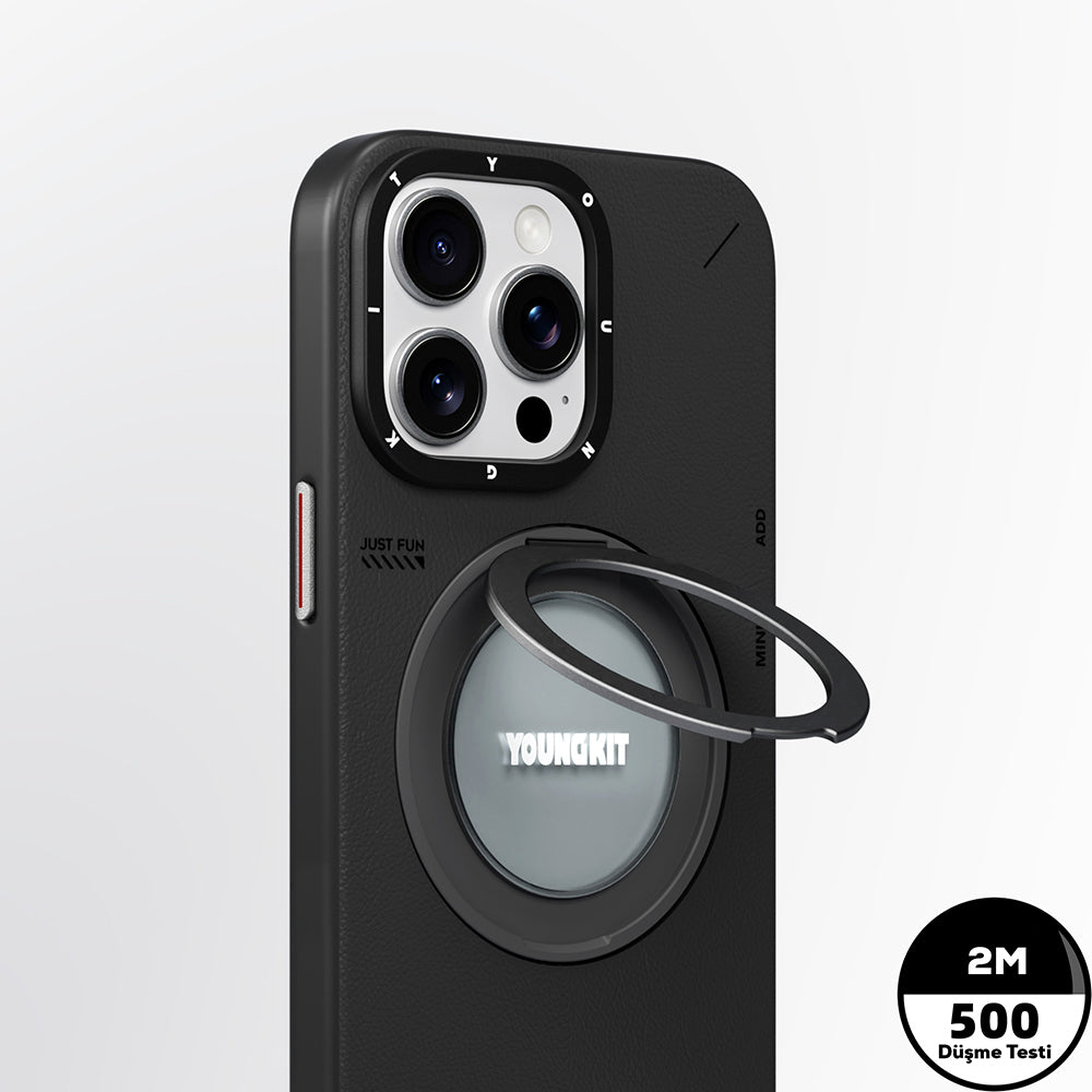 YOUNGKİT iPhone 15 Pro Magsafe Uyumlu 360° Standlı Tech Leather Siyah Kılıf