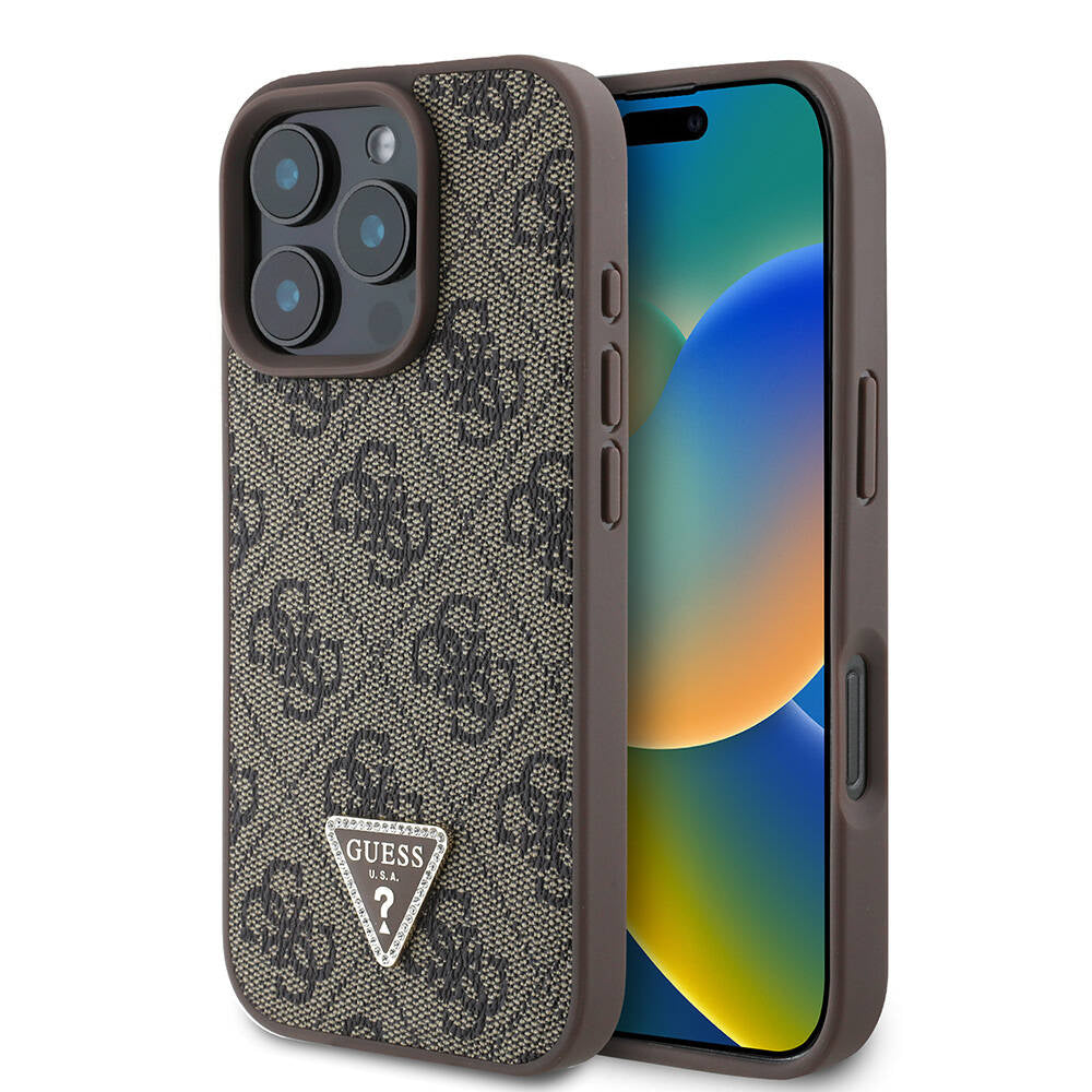 GUESS iPhone 16 Pro Orjinal Lisanslı Magsafe Şarj Özellikli PU Deri 4G Desenli Taşlı Üçgen Logolu Kahverengi Kılıf