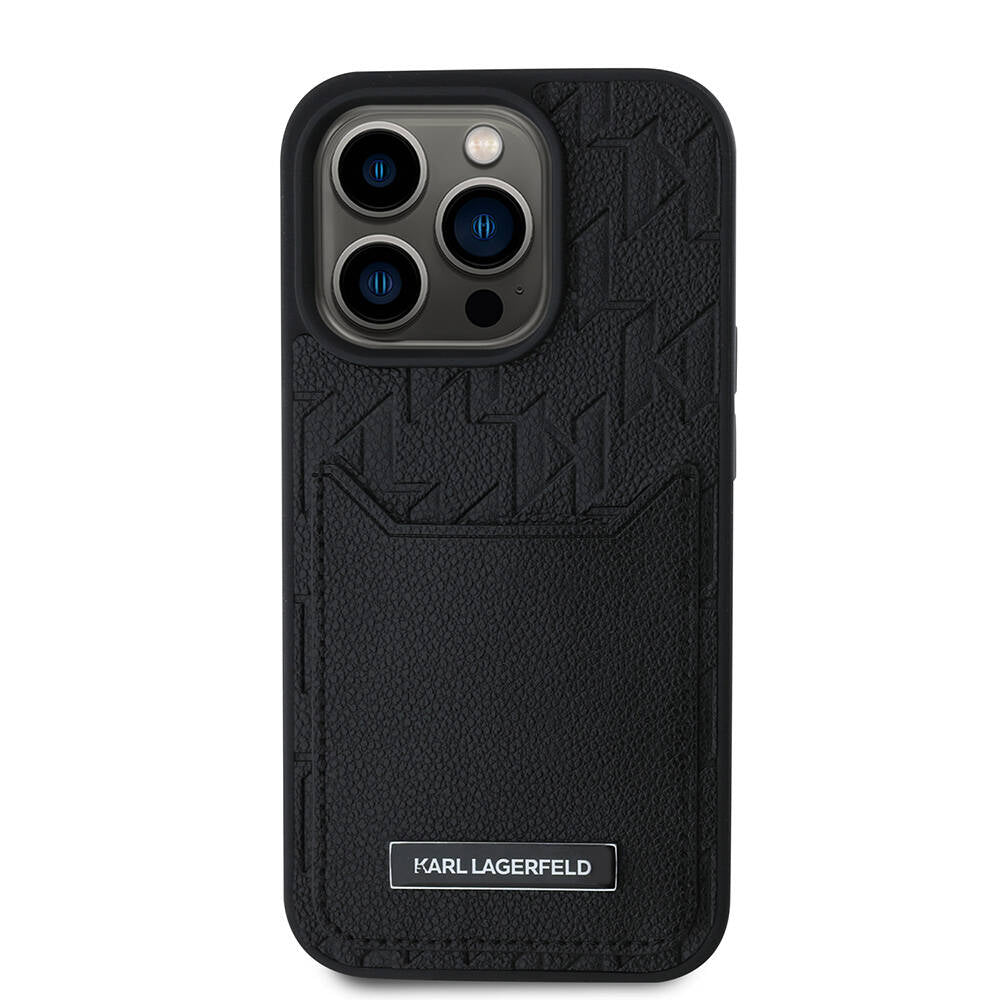 KARL LAGERFELD iPhone 16 Pro Max Orjinal Lisanslı Kartlıklı Monogram Sıcak Damgalı Elongated Logo Siyah Kılıf