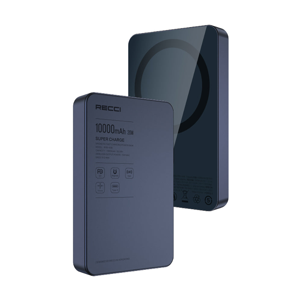 Recci RPB-W36 Ultra İnce PD 20W Hızlı Şarj Özellikli Wireless Powerbank 15W 10000mAh Mavi