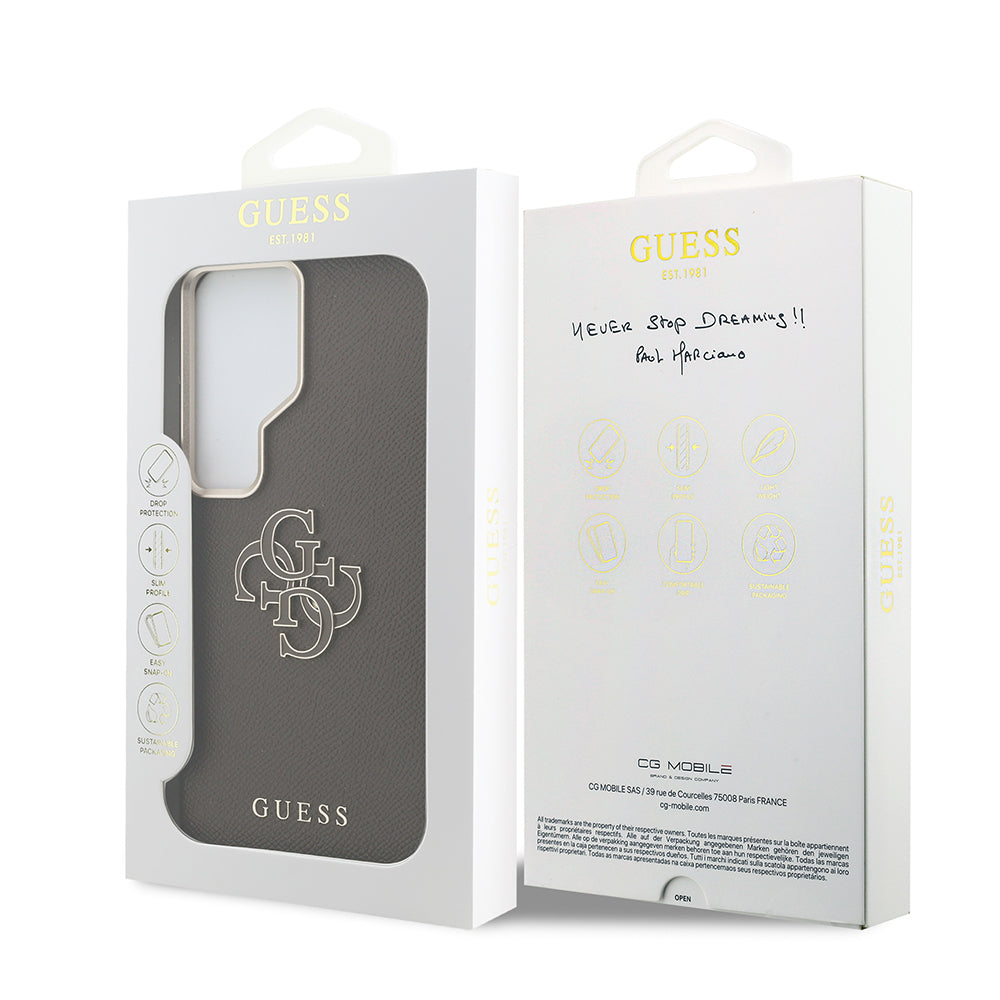 Galaxy S26 Ultra Kılıf Guess Orjinal Lisanslı Grained Yazı ve 4G Büyük Metal Logolu Kapak Kahverengi