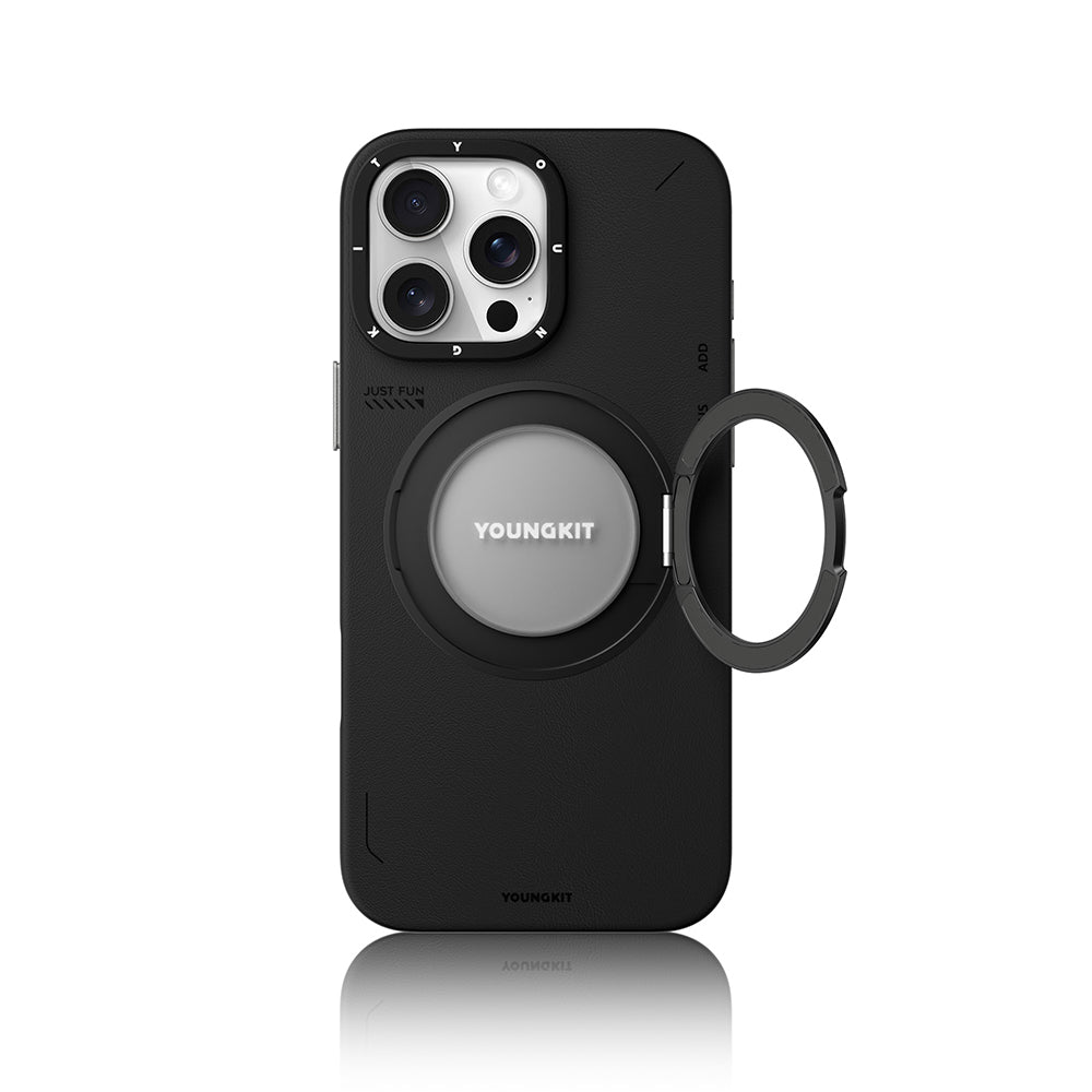 YOUNGKİT iPhone 16 Pro Magsafe Uyumlu 360° Standlı Tech Leather Siyah Kılıf