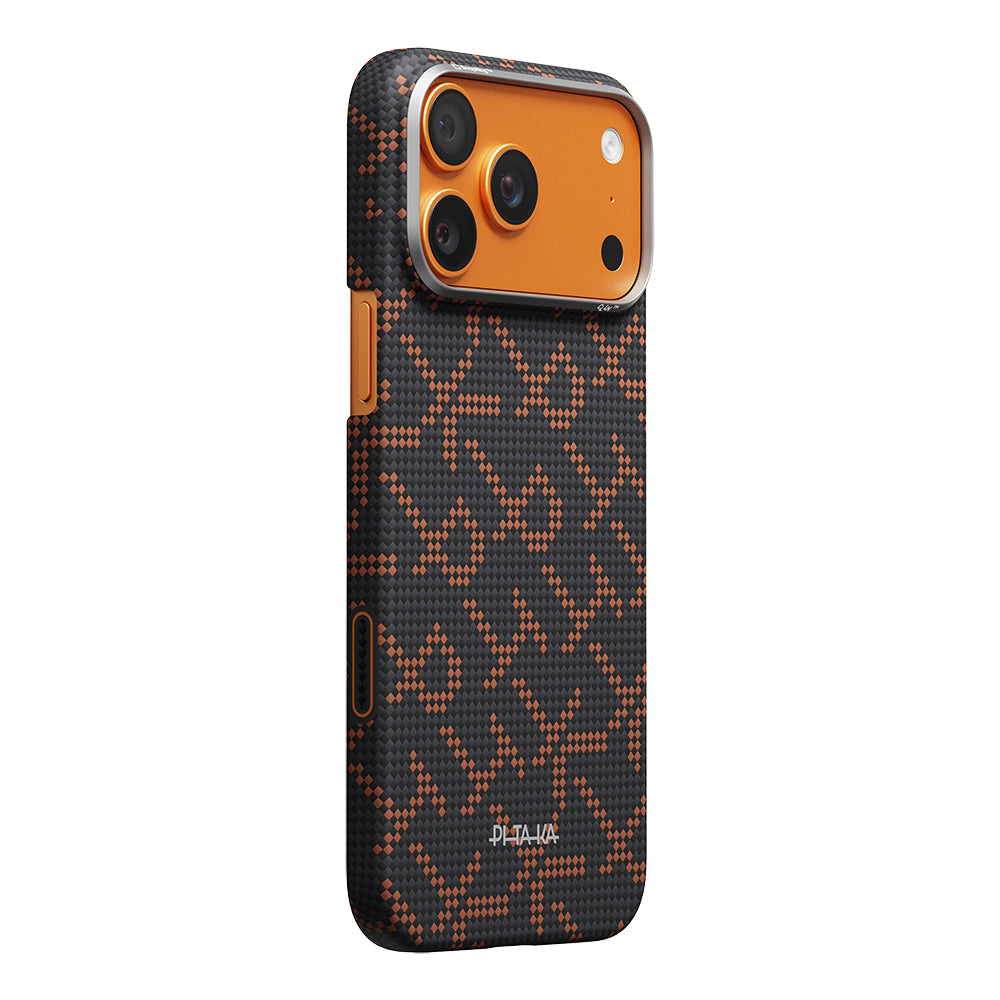 Apple iPhone 17 Pro Max Kılıf M-safe Şarj Özellikli Aramid Fiber Pitaka Tactile Woven Monogram Serisi Kapak Turuncu-Siyah