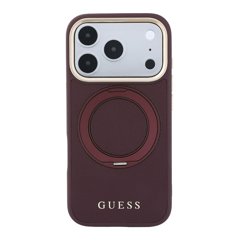 Apple iPhone 18 Pro Max Kılıf Guess Orjinal Lisanslı M-safe Şarj Özellikli 360 Derece Dönebilen Standlı PU Metal Yazı Logolu Kapak