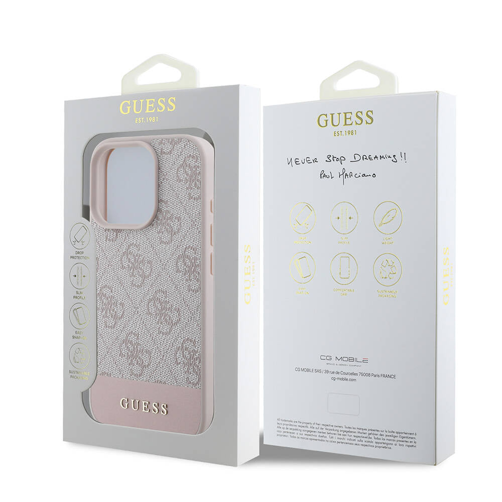 GUESS iPhone 16 Pro Orjinal Lisanslı Magsafe Şarj Özellikli PU Deri Şerit Logo Dizaynlı Pembe Kılıf