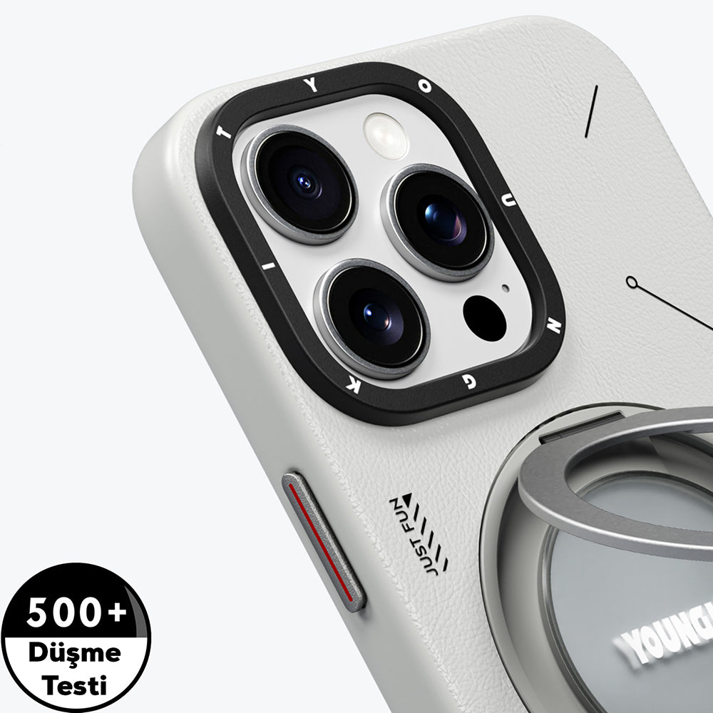 YOUNGKİT iPhone 15 Pro Magsafe Uyumlu 360° Standlı Tech Leather Gri Kılıf