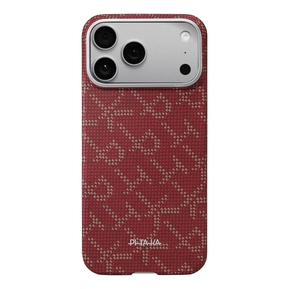 Apple iPhone 17 Pro Kılıf M-safe Şarj Özellikli Aramid Fiber Pitaka Tactile Woven Monogram Serisi Kapak Kırmızı