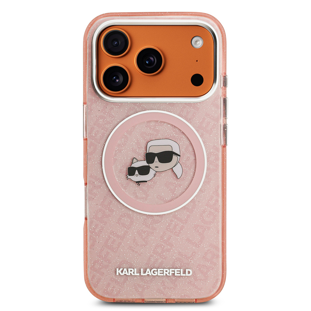 Apple iPhone 17 Pro Kılıf Karl Lagerfeld Orjinal Lisanslı Parlayan Simli Karl & Choupette Heads Kapak Pembe