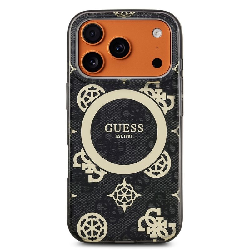 Apple iPhone 17 Pro Kılıf Guess Orjinal Lisanslı M-safe Şarj Özellikli IML Peony ve 4G Desenli Klasik Logolu Kapak Siyah