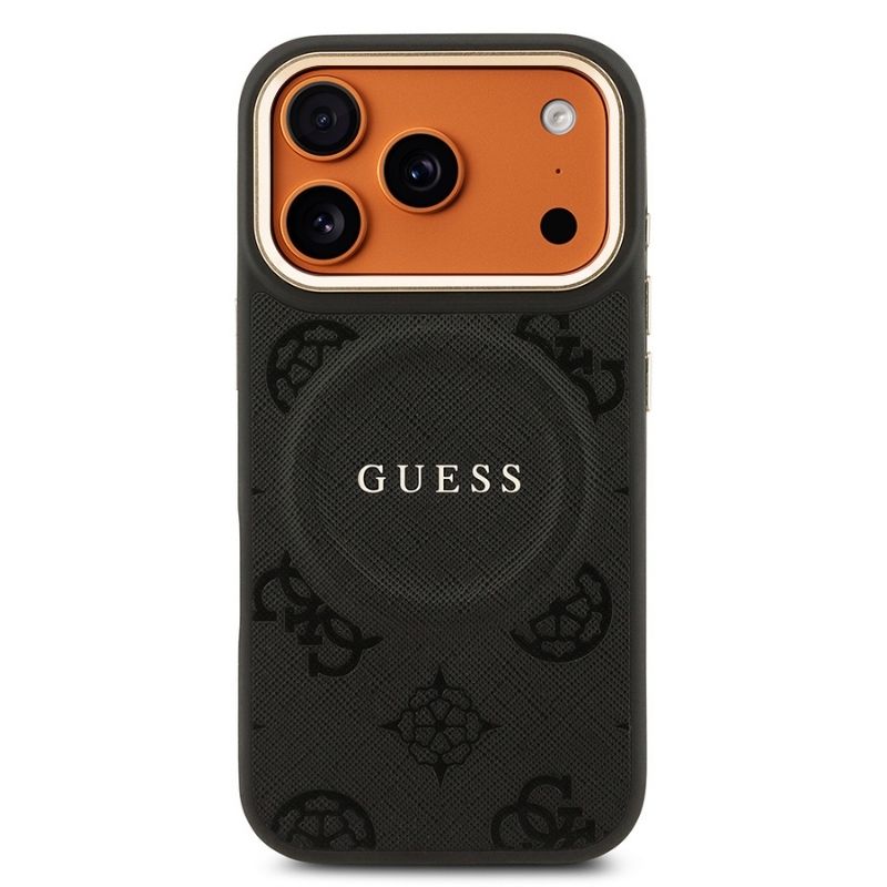 Apple iPhone 17 Pro Kılıf Guess Orjinal Lisanslı M-safe Şarj Özellikli Sıcak Baskılı Yazı Logolu PU Deri Peony Kapak Siyah