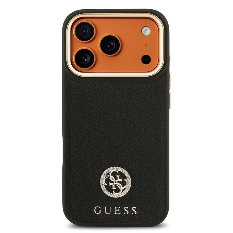 Apple iPhone 17 Pro Kılıf Guess Orjinal Lisanslı M-safe Şarj Özellikli Grained Yazı ve Taşlı 4G Logolu Kapak Siyah