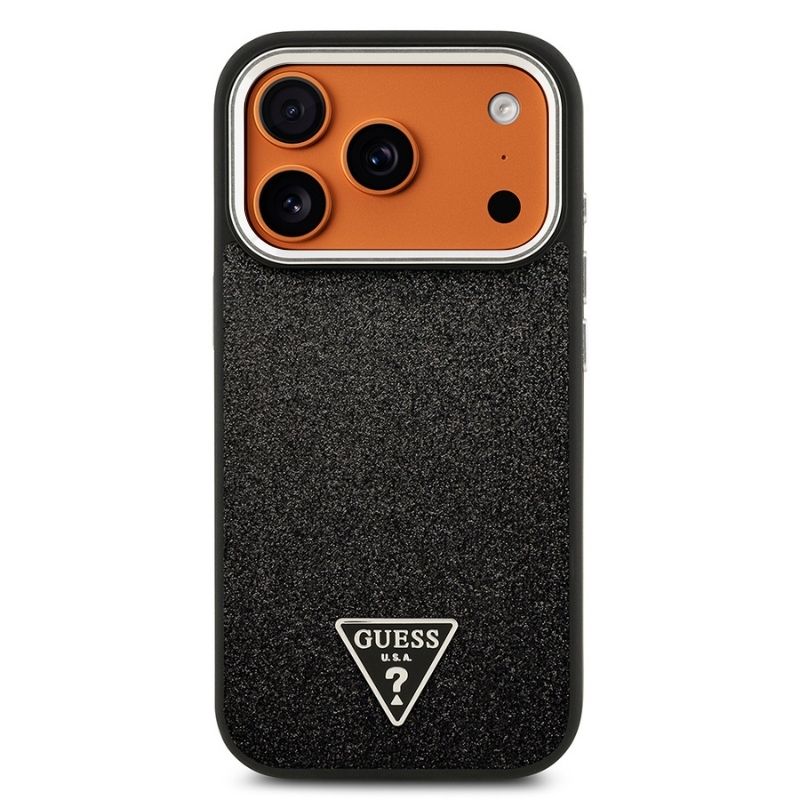 Apple iPhone 17 Pro Max Kılıf Guess Orjinal Lisanslı M-safe Şarj Özellikli Metal Kamera Çerçeveli Üçgen Logolu Glitter Kapak Siyah