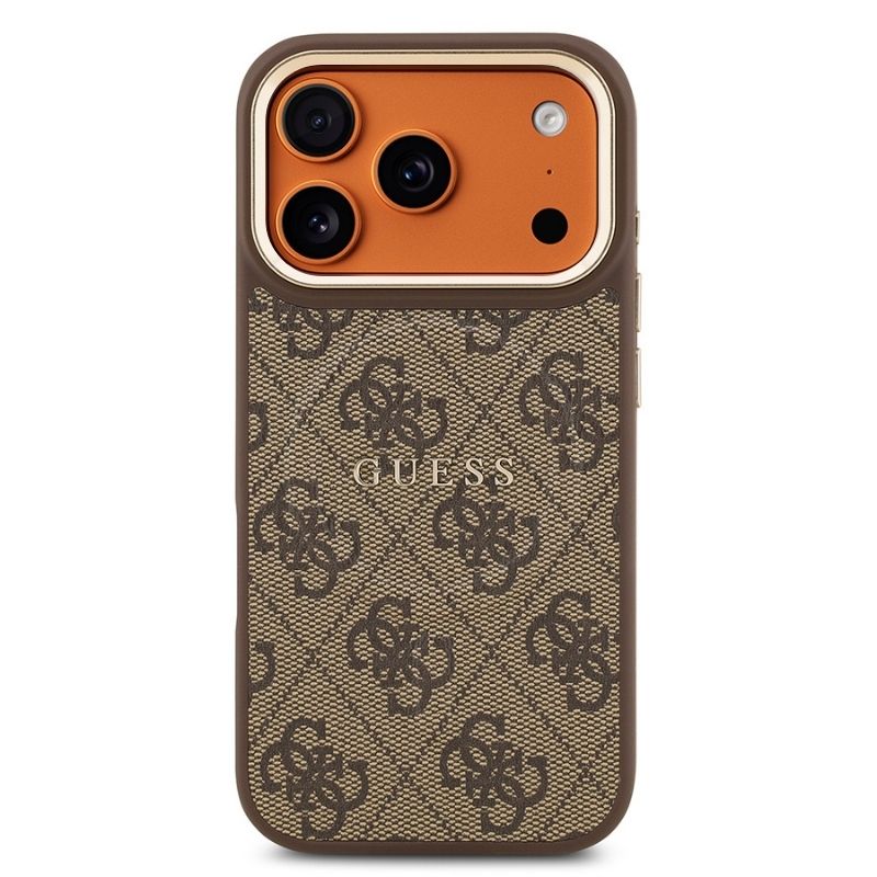 Apple iPhone 17 Pro Kılıf Guess Orjinal Lisanslı M-safe Şarj Özellikli Gold Metal Kamera Çerçeveli PU Deri 4G Desenli Yazı Logolu Kapak Kahverengi