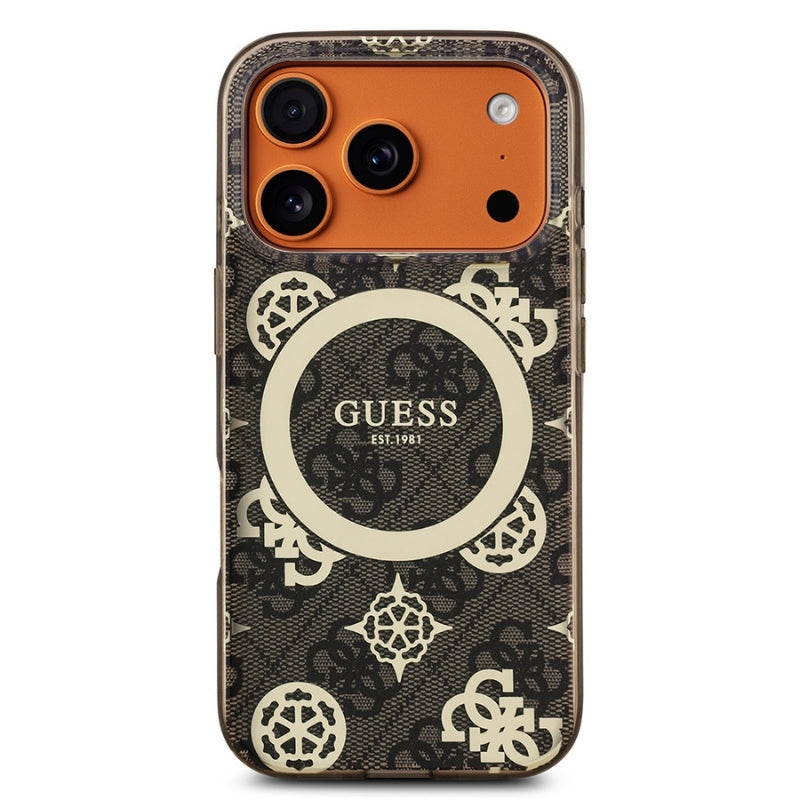 Apple iPhone 17 Pro Max Kılıf Guess Orjinal Lisanslı M-safe Şarj Özellikli IML Peony ve 4G Desenli Klasik Logolu Kapak Kahverengi