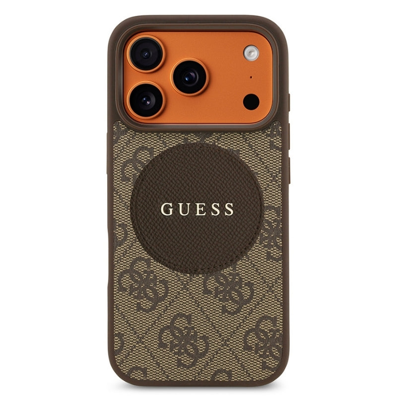 Apple iPhone 17 Pro Kılıf Guess Orjinal Lisanslı M-safe Şarj Özellikli Yazı Logolu Circle Classic Kapak  Kahverengi