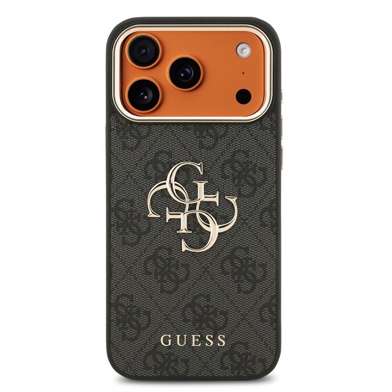 Apple iPhone 17 Pro Max Kılıf Guess Orjinal Lisanslı Gold Metal Kamera Çerçeveli 4G Desenli Metal Büyük 4G ve Yazı Logolu Kapak Siyah