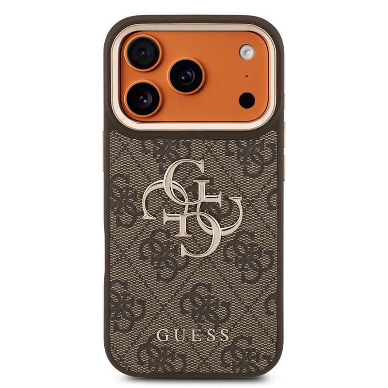 Apple iPhone 17 Pro Kılıf Guess Orjinal Lisanslı Gold Metal Kamera Çerçeveli 4G Desenli Metal Büyük 4G ve Yazı Logolu Kapak Kahverengi