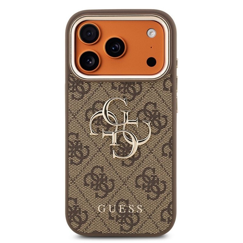 Apple iPhone 17 Pro Max Kılıf Guess Orjinal Lisanslı Gold Metal Kamera Çerçeveli 4G Desenli Metal Büyük 4G ve Yazı Logolu Kapak Kahverengi