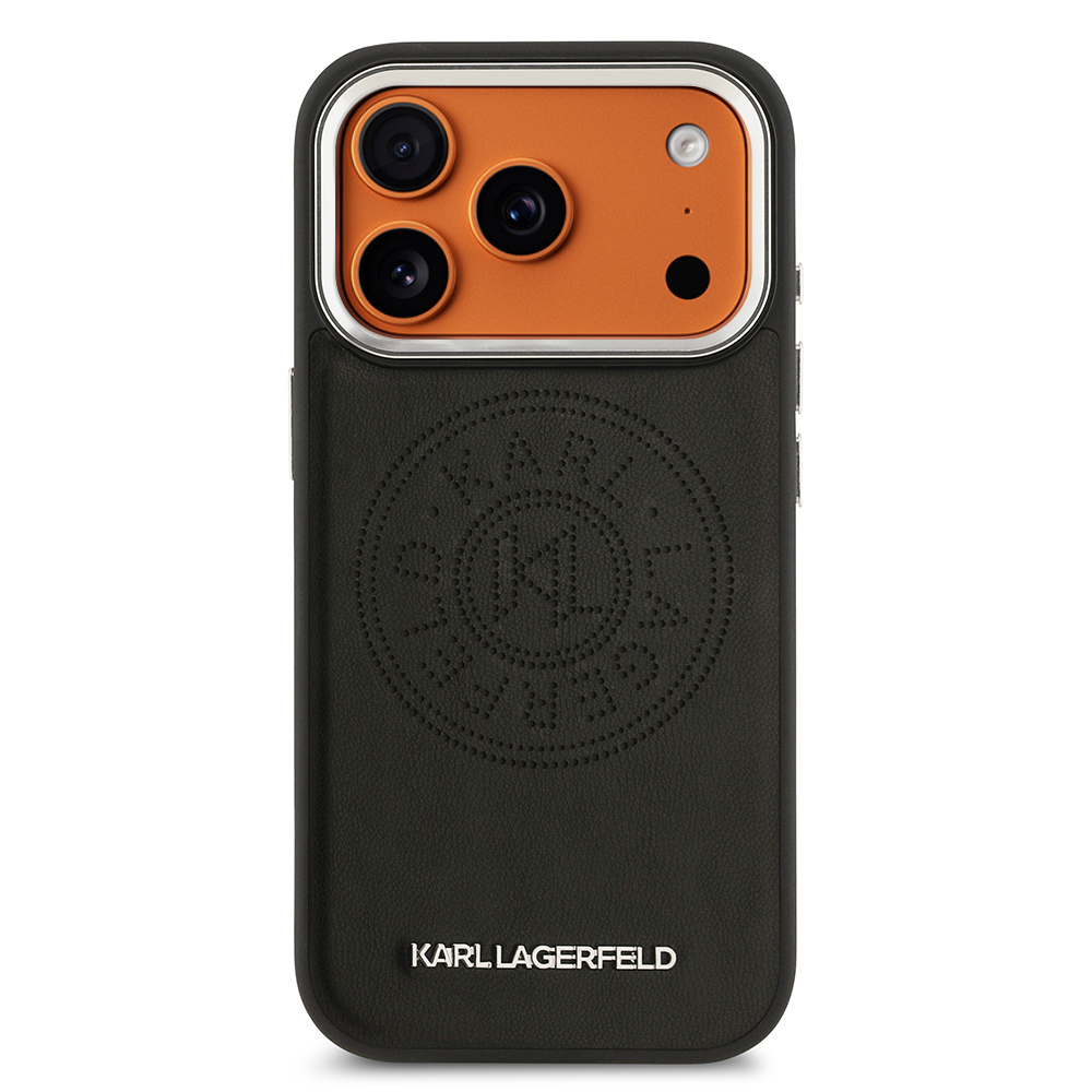 Apple iPhone 17 Pro Max Kılıf Karl Lagerfeld Orjinal Lisanslı M-safe Şarj Özellikli Delikli Tasarım Metal Logolu PU Deri Kapak Siyah