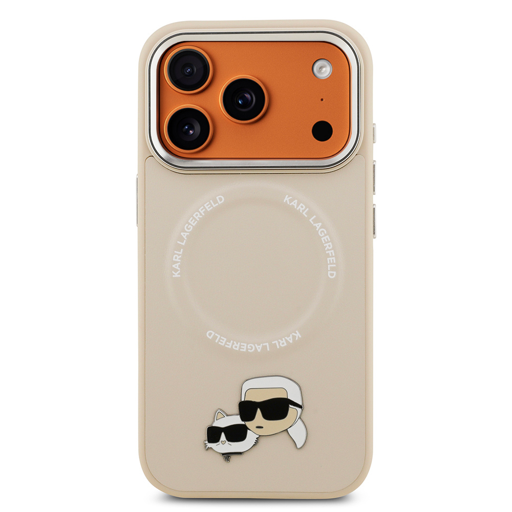 Apple iPhone 17 Pro Max Kılıf Karl Lagerfeld Orjinal Lisanslı M-safe Şarj Özellikli Metal Kamera ve Buton Tasarımlı K&C PU Deri Kapak Bej