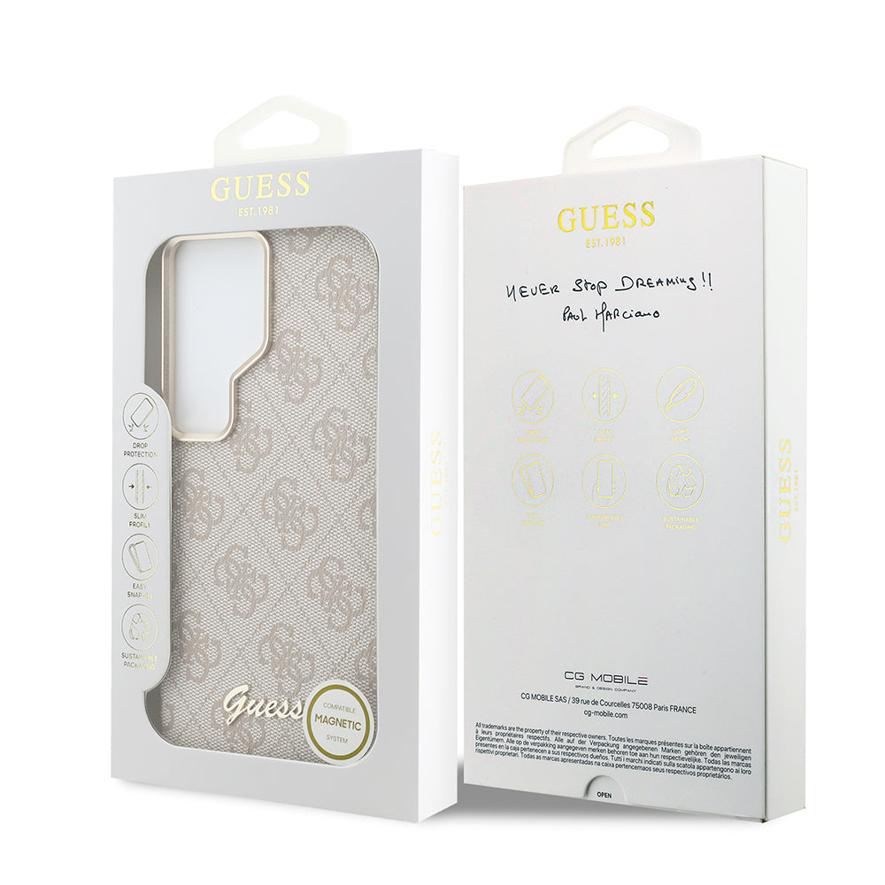 Galaxy S26 Ultra Kılıf Guess Orjinal Lisanslı M-safe Şarj Özellikli Script Yazı Logolu 4G Desenli Kapak Pembe