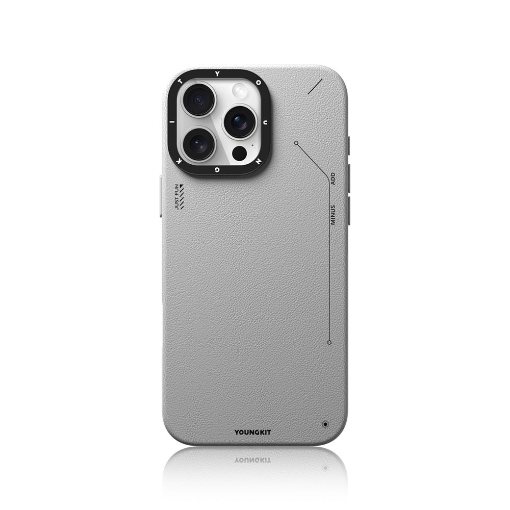 YOUNGKIT iPhone 16 Pro Max Magsafe Şarj Özellikli Basit Mat Deri Desenli Tech Fashion Serisi Gri Kılıf