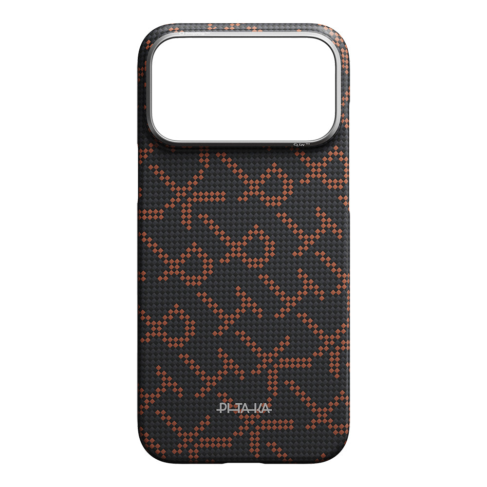 Apple iPhone 17 Pro Max Kılıf M-safe Şarj Özellikli Aramid Fiber Pitaka Tactile Woven Monogram Serisi Kapak Turuncu-Siyah