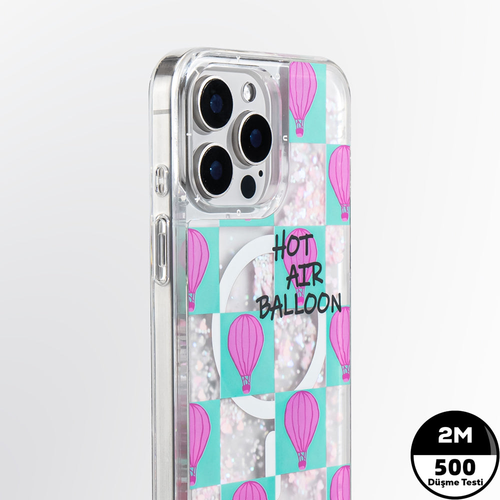 YOUNGKIT iPhone 16 Pro Max Magsafe Şarj Özellikli Parlak Kumlu Sıvılı Pink Dream Quicksand Serisi Turkuaz Kılıf