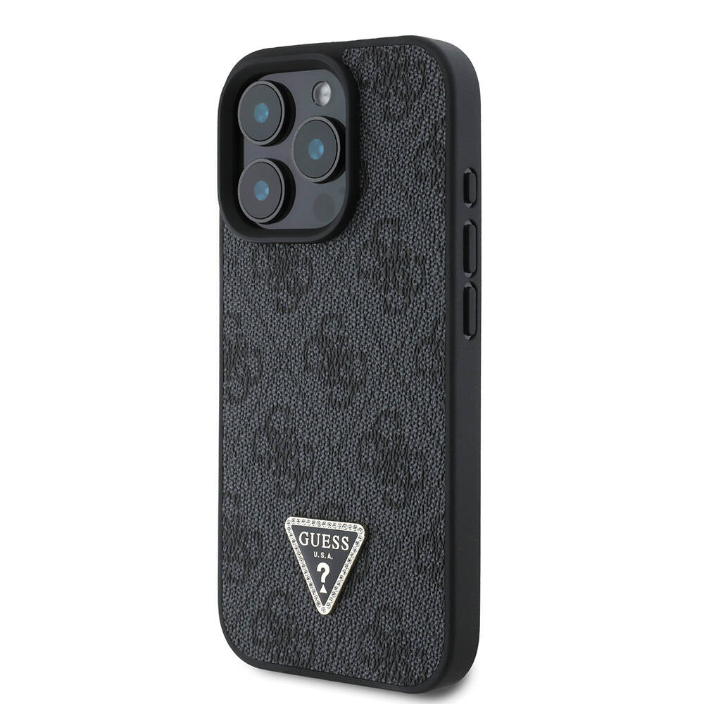GUESS iPhone 16 Pro Orjinal Lisanslı Magsafe Şarj Özellikli PU Deri 4G Desenli Taşlı Üçgen Logolu Siyah Kılıf