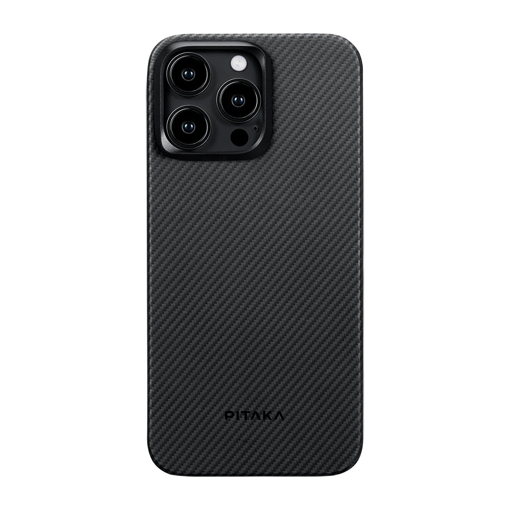 PİTAKA Magsafe Şarj Özellikli iPhone 15 Pro Max 600D Aramid Fiber Pitaka Ultra-Slim Classic Serisi Black-Grey Twill Kılıf