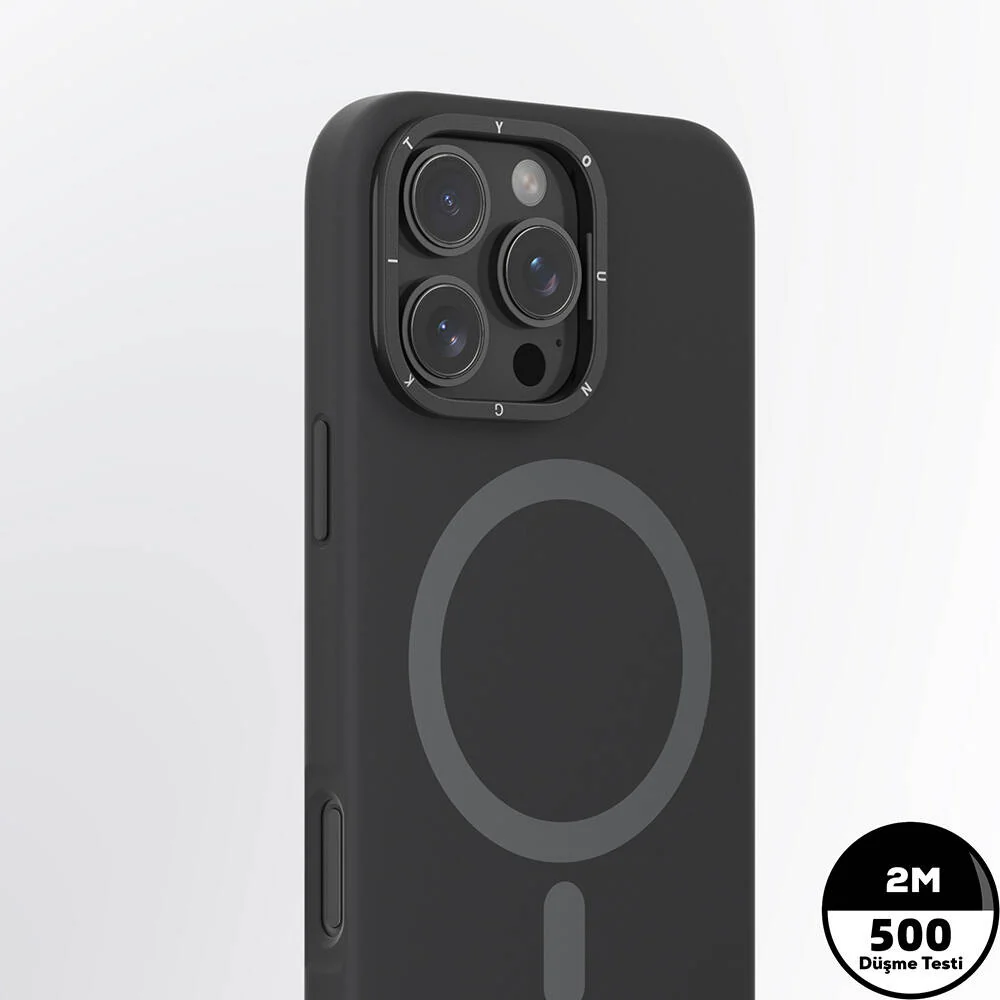 YOUNGKIT iPhone 15 Pro Max Magsafe Şarj Özellikli Kamera Standlı Silikon Bitty Cream Siyah Kılıf