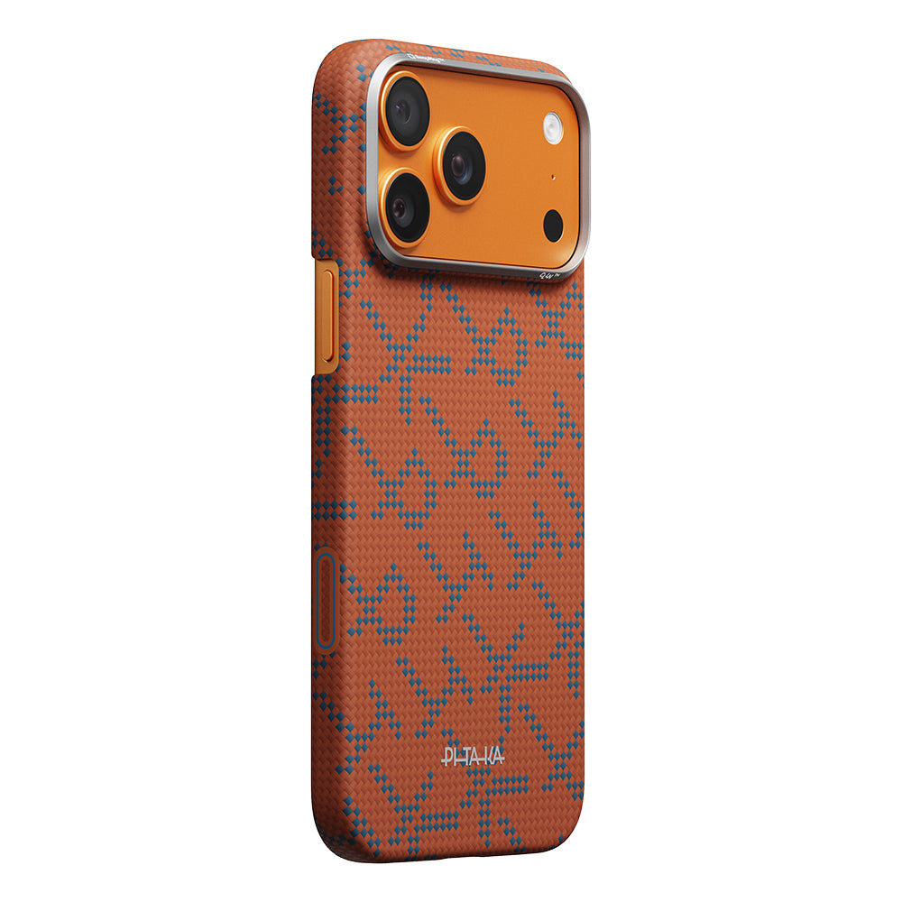 Apple iPhone 17 Pro Kılıf M-safe Şarj Özellikli Aramid Fiber Pitaka Tactile Woven Monogram Serisi Kapak Mavi-Turuncu