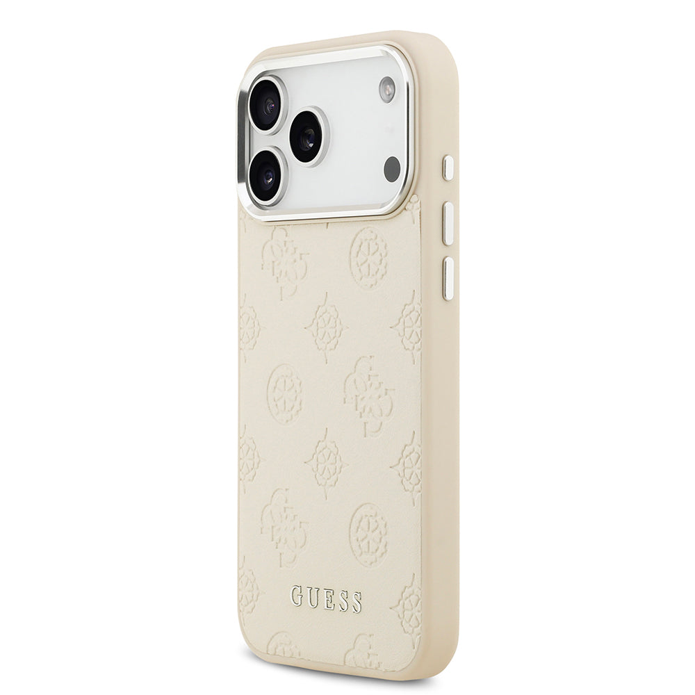 Apple iPhone 17 Pro Max Kılıf Guess Orjinal Lisanslı M-safe Şarj Özellikli Sıcak Baskılı Klasik Yazı Logolu PU Deri Peony Kapak Bej