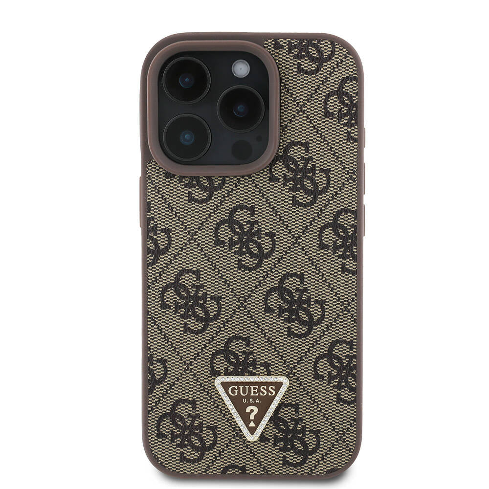 GUESS iPhone 16 Pro Max Orjinal Lisanslı Magsafe Şarj Özellikli PU Deri 4G Desenli Taşlı Üçgen Logolu Kahverengi Kılıf