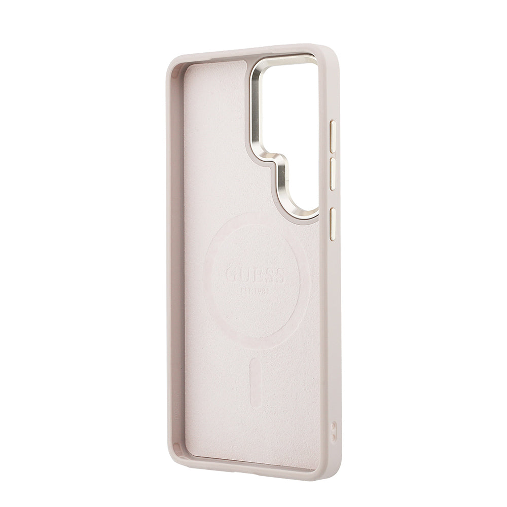 Galaxy S26 Ultra Kılıf Guess Orjinal Lisanslı M-safe Şarj Özellikli Metal Kamera Çerçeveli PU Deri 4G Desenli Yazı Logolu Kapak Pembe