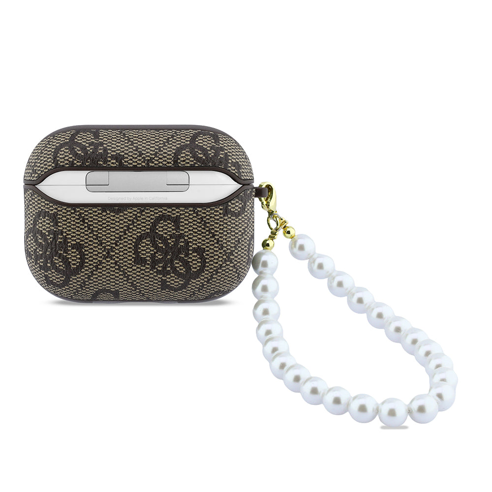 Apple Airpods Pro 3 Kılıf Guess Orjinal Lisanslı 4G Desenli İnci Bilek Askılı Kapak Kahverengi